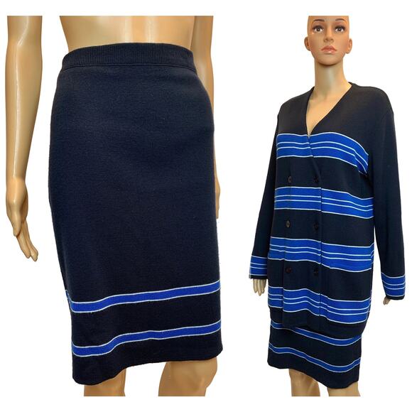 80s RODIER Dark Blue Knit Skirt Suit | Oversized Blazer Cardigan & Pencil Skirt - Picture 1 of 10